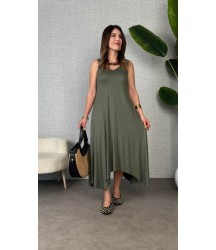 Kadın Askılı V Yakalı Halka Detaylı Asimetrik Kesim Detaylı Viskon Maxi Elbise
