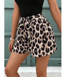 Kadın Kolsuz Bisiklet Yaka Viskon Bluz Ve Leopar Desenli Kısa Modal Short Ikili Takım