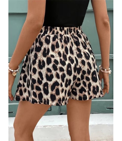 Kadın Kolsuz Bisiklet Yaka Viskon Bluz Ve Leopar Desenli Kısa Modal Short Ikili Takım