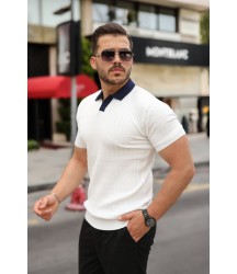 Erkek Yaka Detaylı Desen Dokulu Triko Tişört