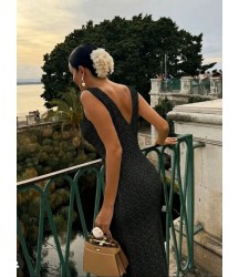Kadın Askılı V Yakalı Uzun Triko Elbise