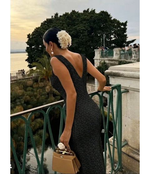 Kadın Askılı V Yakalı Uzun Triko Elbise