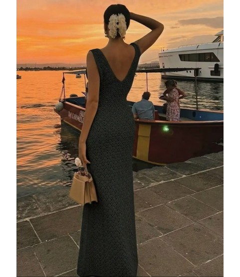 Kadın Askılı V Yakalı Uzun Triko Elbise