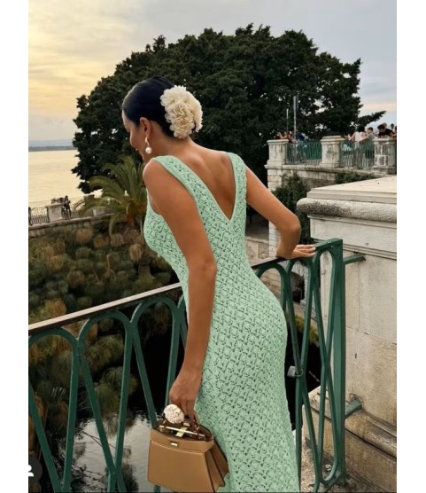 Kadın Askılı V Yakalı Uzun Triko Elbise