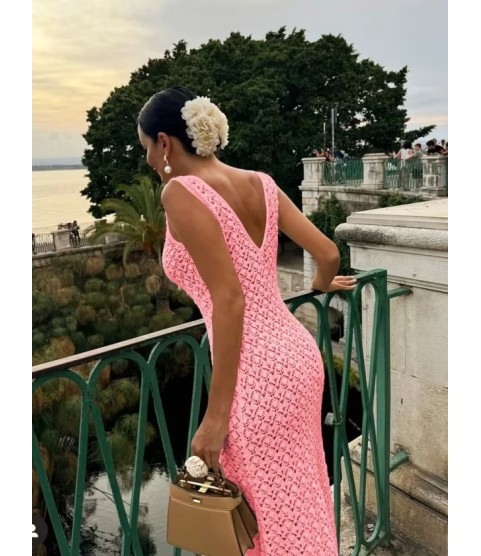 Kadın Askılı V Yakalı Uzun Triko Elbise