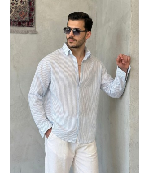 Erkek İnce Çizgili Gofre Kumaş Rahat Kalıp Gömlek