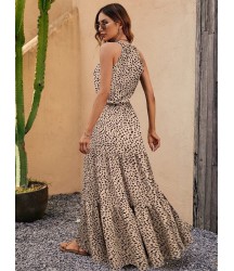 Kadın Kolsuz Halter Yaka Beli Lastiklileopar Desenli Mikro Elbise