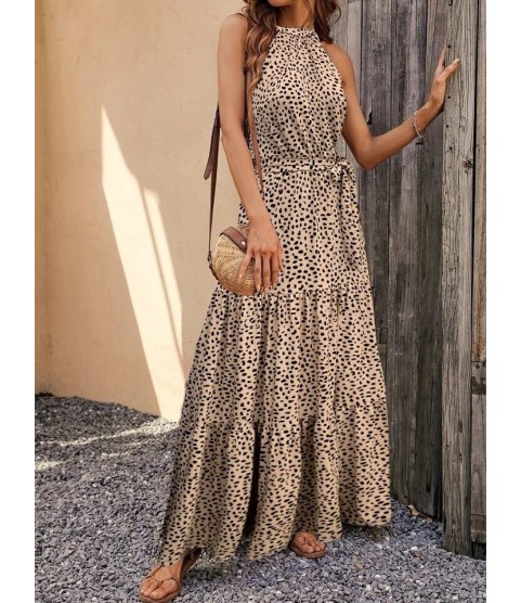 Kadın Kolsuz Halter Yaka Beli Lastiklileopar Desenli Mikro Elbise
