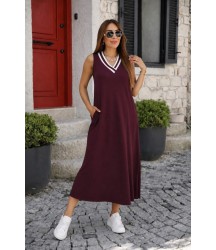 Kadın Kolsuz V Ribana Yakalı Cepli Uzun Viskon Iki Iplik Elbise