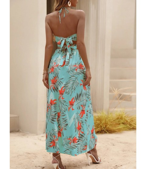 Kadın Ip Askılı Boyundan Bağlamalı V Yakalı Yırtmaçlı Uzun Desenli Süprem Turkuaz Elbise Kadın Ip Askılı Boyundan Bağlamalı V Yakalı Yırtmaçlı Uzun Desenli Süprem Turkuaz Elbise