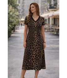 Kadın Kısa Kollu V Yakalı Leopar Desenli Kısa Süprem Elbise