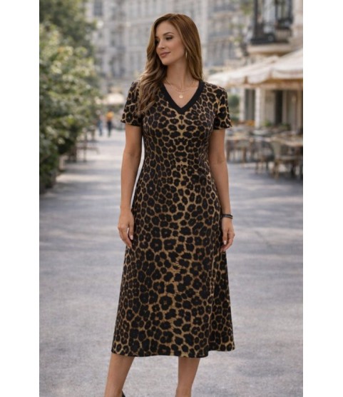 Kadın Kısa Kollu V Yakalı Leopar Desenli Kısa Süprem Elbise