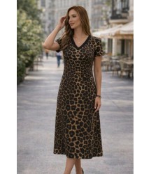 Kadın Kısa Kollu V Yakalı Leopar Desenli Kısa Süprem Elbise