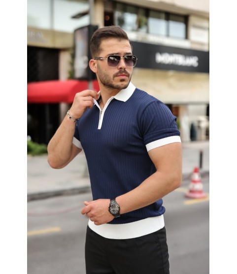 Erkek Yaka Ve Kol Detaylı Fermuar Yakalı Çizgi Desen Kısa Kollu Triko Tişört