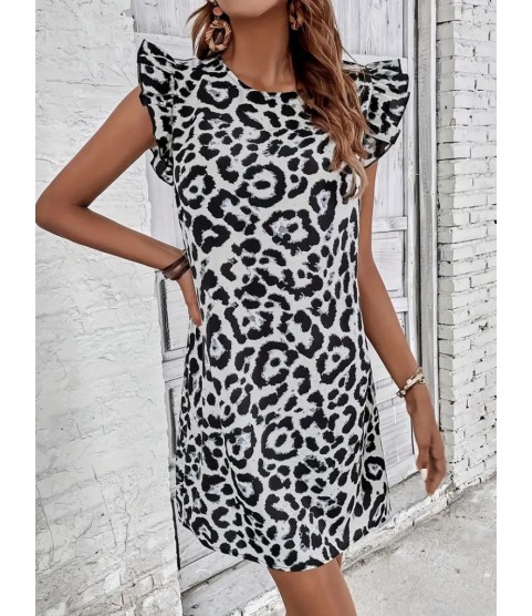 Kadın Kısa Kollu Kolları Fırfır Detay Arkası Bağlamalı Leopar Desen Kolsuz Mini Mikro Elbise Kadın Kısa Kollu Kolları Fırfır Detay Arkası Bağlamalı Leopar Desen Kolsuz Mini Mikro Elbise