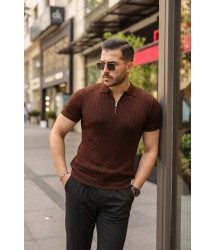 Erkek Örgü Desen Fermuar Yakalı Triko Tişört