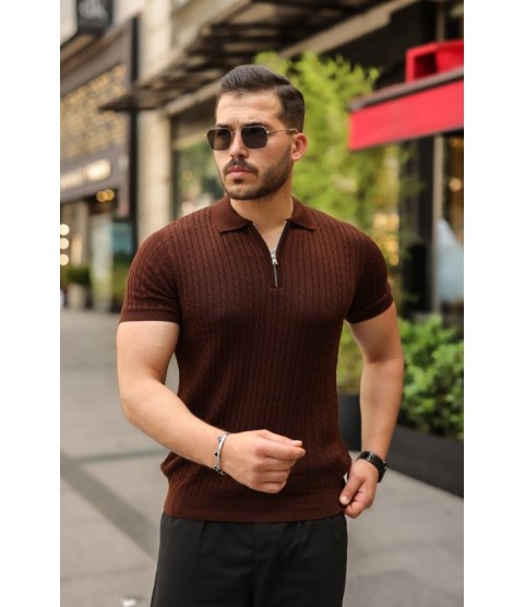 Erkek Örgü Desen Fermuar Yakalı Triko Tişört
