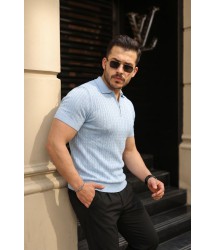 Erkek Örgü Desen Fermuar Yakalı Triko Tişört