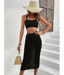 Kadın Askılı Crop Bel Detaylı Derin Yırtmaçlı Etek Triko Ikili Takım