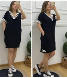 Kadın Kısa Kollu V Yaka Ribana Detaylı Cepli Dizüstü Viskon Elbise