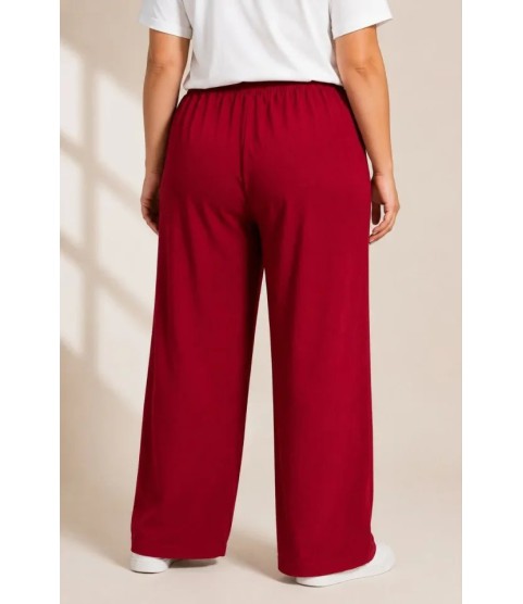Battal Beden Bürümcük Kumaş Beli Lastikli Bağcıklı Bol Paça Palazzo Pantolon - Bordo Battal Beden Bürümcük Kumaş Beli Lastikli Bağcıklı Bol Paça Palazzo Pantolon - Bordo