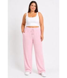 Battal Beden Bürümcük Kumaş Beli Lastikli Bağcıklı Bol Paça Palazzo Pantolon - Pembe