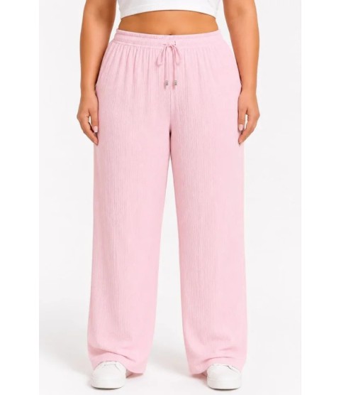 Battal Beden Bürümcük Kumaş Beli Lastikli Bağcıklı Bol Paça Palazzo Pantolon - Pembe Battal Beden Bürümcük Kumaş Beli Lastikli Bağcıklı Bol Paça Palazzo Pantolon - Pembe