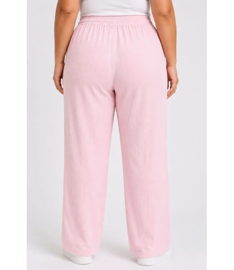 Battal Beden Bürümcük Kumaş Beli Lastikli Bağcıklı Bol Paça Palazzo Pantolon - Pembe Battal Beden Bürümcük Kumaş Beli Lastikli Bağcıklı Bol Paça Palazzo Pantolon - Pembe