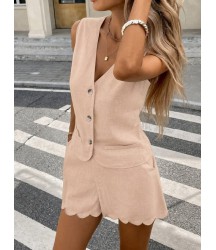 Kadın Askılı V Yakalı önden Düğmelı Bluz Ve Short Ikli Takım