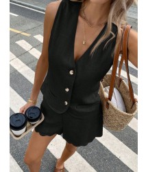 Kadın Askılı V Yakalı önden Düğmelı Bluz Ve Short Ikli Takım