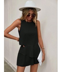 Kadın Kolsuz Bisiklet Yaka Sandy Bluz Ve şort Etek Ikili Takım