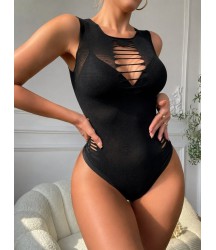 Kadın Sıfır Kol Göğüs, Sırt Ve Yanları Kesik Detay çıtçıtlı Viskon Bodysuit