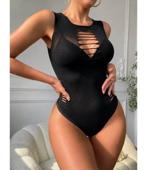 Kadın Sıfır Kol Göğüs, Sırt Ve Yanları Kesik Detay çıtçıtlı Viskon Bodysuit