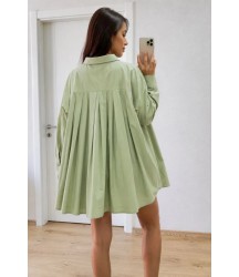 Oversize Pens Detaylı Cepli Yırtmaçlı Rahat Kalıp Poplin Gömlek - Yeşil