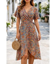 Kadın Kısa Kollu Kruvaze Yakalı Yandan Bağlamalı Desenli Midi Süprem Elbise