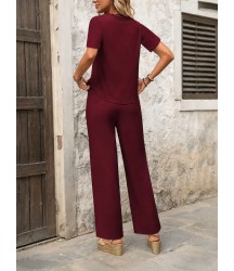 Kadın Kısa Kollu Kayık Yaka önü Asimetrik Detaylı Kısa Sandy Bluz Ve Pantolon Ikili Takım