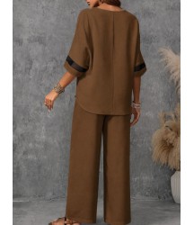 Kadın Kısa Kollu V Dantel Yakalı Aerobin Bluz Ve Pantolon Ikili Takım