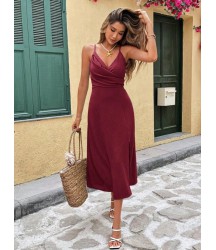 Kadın Ip Askılı Kruvaze Yakalı Yırtmaçlı Midi Aerobin Elbise