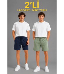 Erkek 2li Pamuklu Şort 3 İplik Şardonsuz Cepli Lastikli Bağcıklı - Lacivert - Mint Yeşili
