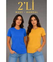 Basic Bisiklet Yaka Yazlık Slim Fit T-Shirt - Mavi - Hardal Sarısı