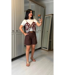 Kadın şal Desen Detay Bluz Ve Keten şort Ikili Takım