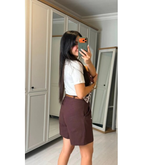 Kadın şal Desen Detay Bluz Ve Keten şort Ikili Takım