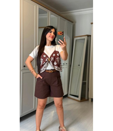 Kadın şal Desen Detay Bluz Ve Keten şort Ikili Takım