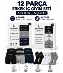 Erkek 12li İç Giyim Seti Pamuklu 6 Boxer 6 Çorap Çoklu Paket - Siyah - Lacivert - Gri - Beyaz