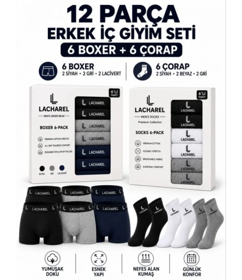Erkek 12li İç Giyim Seti Pamuklu 6 Boxer 6 Çorap Çoklu Paket - Siyah - Lacivert - Gri - Beyaz