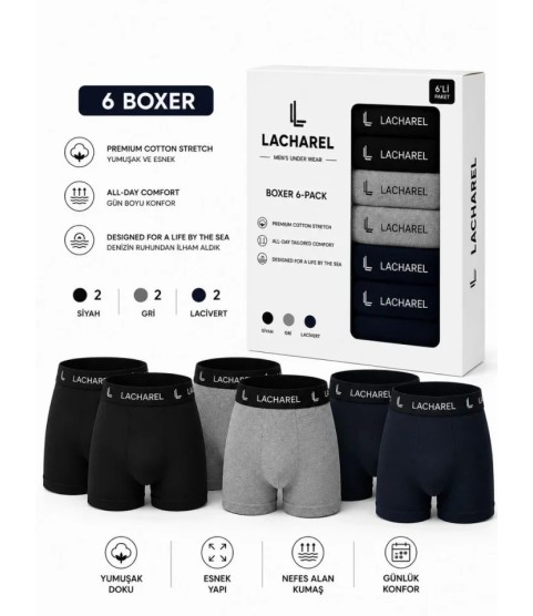 Erkek 12li İç Giyim Seti Pamuklu 6 Boxer 6 Çorap Çoklu Paket - Siyah - Lacivert - Gri - Beyaz