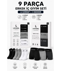 Erkek 9Lu İç Giyim Seti Pamuklu 3 Boxer 6 Çorap Çoklu Paket - Siyah - Füme - Gri - Beyaz