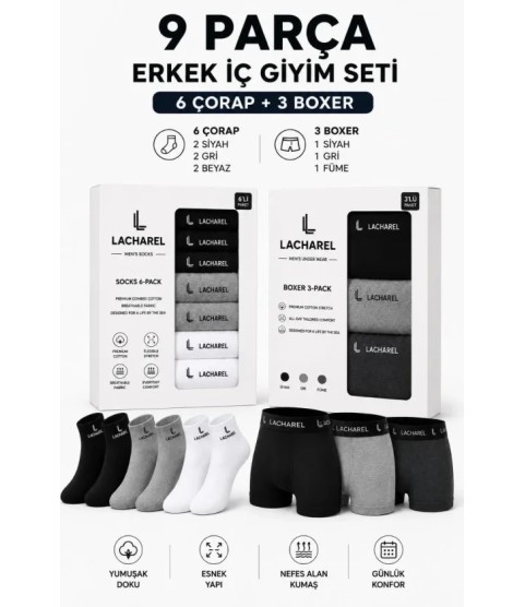 Erkek 9Lu İç Giyim Seti Pamuklu 3 Boxer 6 Çorap Çoklu Paket - Siyah - Füme - Gri - Beyaz