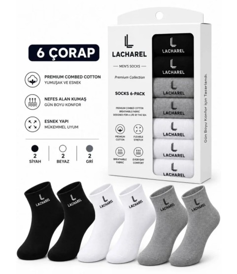 Erkek 9Lu İç Giyim Seti Pamuklu 3 Boxer 6 Çorap Çoklu Paket - Siyah - Füme - Gri - Beyaz