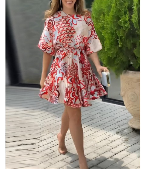 Kadın Kısa Balon Kollu Yuvarlak Yakalı Pileli Desenli Mini Elbise